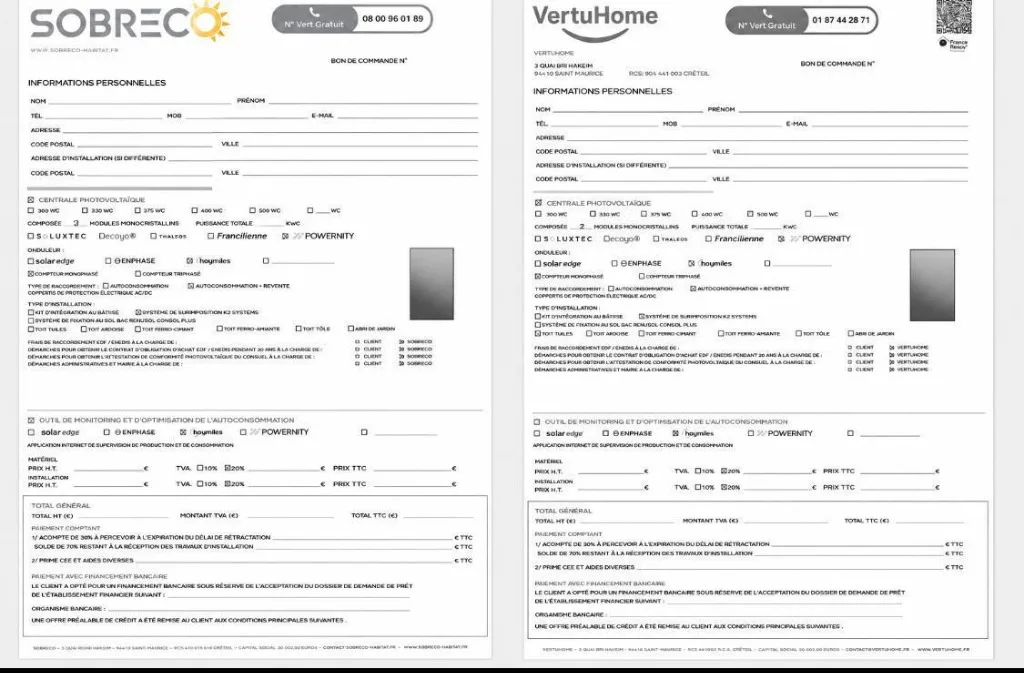 Sobreco et VertuHome : bons de commande comparés